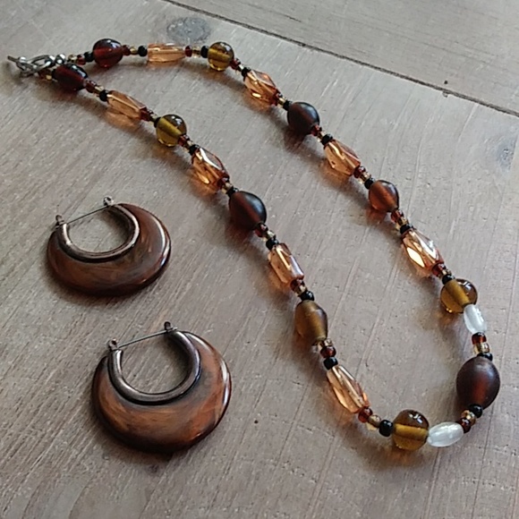 Brown Boho Stament Earrings Hoops & Brown  Beaded Necklace - Picture 1 of 17